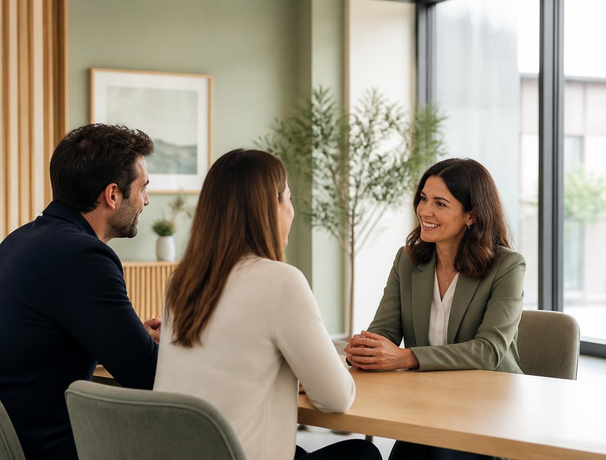 A solicitor talking with clients in a bright office