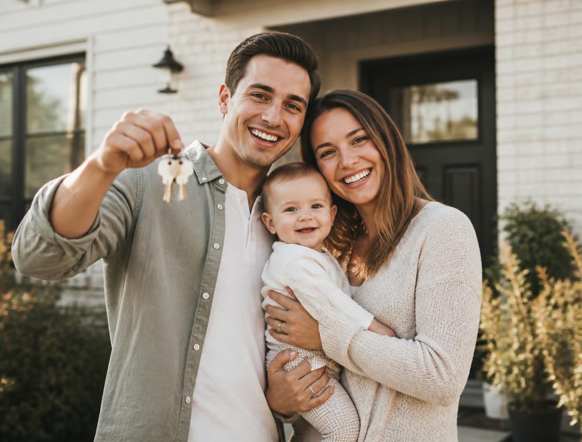 A family standing outside their new home holding the keys