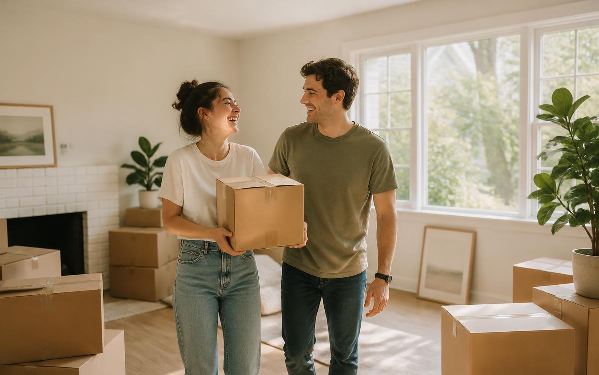 A couple unpacking boxes in the living room of their first home