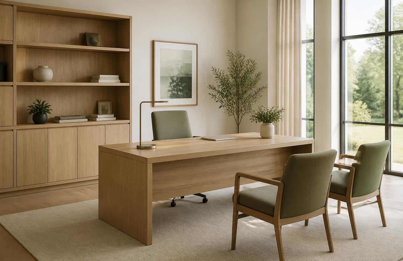 A calm, contemporary office interior with natural light