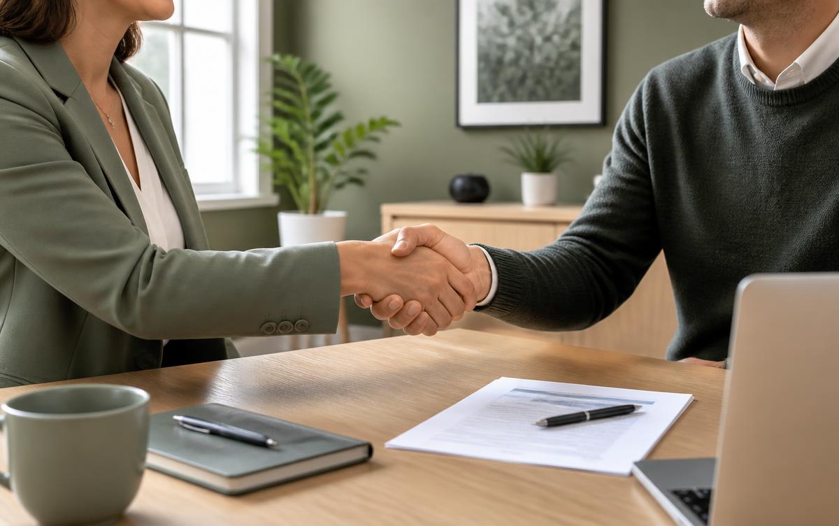 Two professionals shaking hands in a bright office